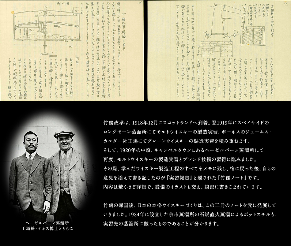 竹鶴政孝は、1918年12月にスコットランドへ到着。翌1919年にスペイサイドのロングモーン蒸溜所にてモルトウイスキーの製造実習、ボーネスのジェームス・カルダー社工場にてグレーンウイスキーの製造実習を積み重ねます。そして、1920年の中頃、キャンベルタウンにあるヘーゼルバーン蒸溜所にて再度、モルトウイスキーの製造実習とブレンド技術の習得に臨みました。その際、学んだウイスキー製造工程のすべてをメモに残し、宿に戻った後、自らの意見を添えて書き記したのが『実習報告』と題された「竹鶴ノート」です。内容は驚くほど詳細で、設備のイラストも交え、綿密に書きこまれています。竹鶴の帰国後、日本の本格ウイスキーづくりは、この二冊のノートを元に発展していきました。1934年に設立した余市蒸溜所の石炭直火蒸溜によるポットスチルも、実習先の蒸溜所に倣ったものであることが分かります。