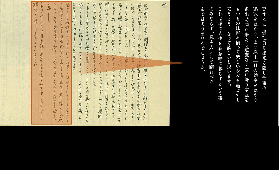 要するに一般社員も出来る限り仕事の迅速をはかり、より以上一日の効率をはかり退出時間が来たら遠慮なく家に帰り家庭をもつものは皆々揃って楽しい夕べを過ごすと云うようになって欲しいと思います。これは単に人生を有意味に暮らすという事のみならず、凡そ人として踏むべき道ではありませんでしょうか。